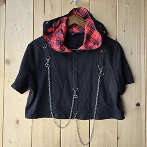 Banned Alternative Cropped Red Plaid Black Hoodie Punk Goth Womens Large